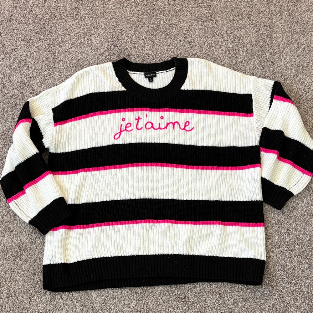 Torrid Black and White Sweater with Pink Stripes